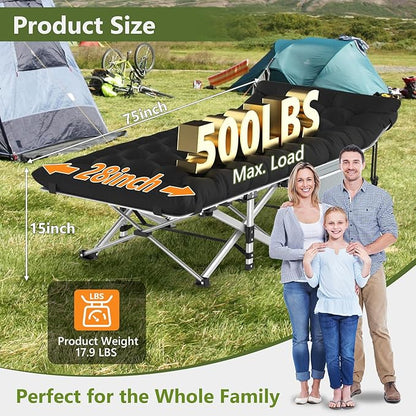 Slendor Folding Camping Cot Black, Sleeping Cot for Adults with Carry Bag, Mattress, 1200D Layer Oxford Portable Camp Bed Cot Bed for Guest Travel Office Beach