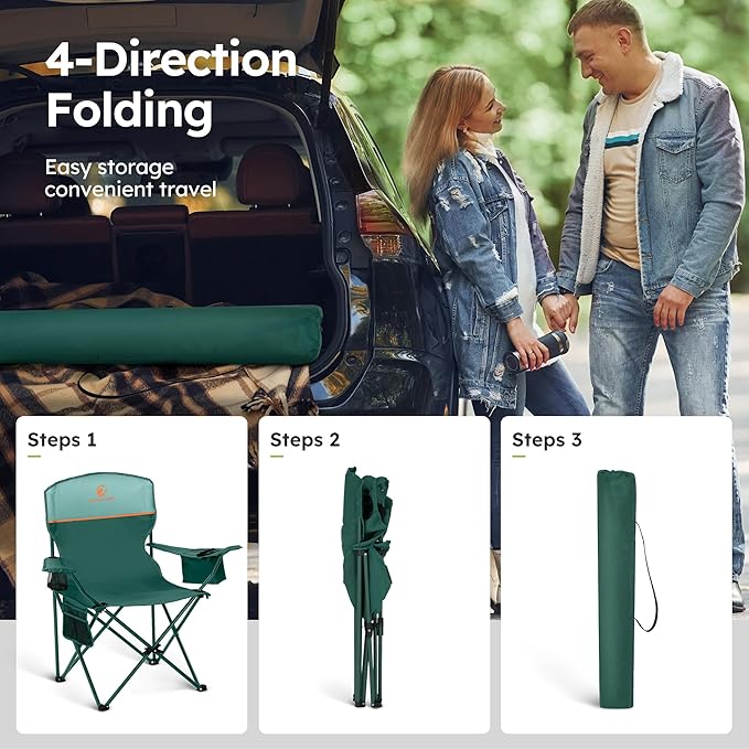 ALPHA CAMP Camping Chair 2 Pack Portable Chair with 3-Can Cooler Folding Chair with Side Pocket and Cup Holder, Collapsible for Camping, Tailgates, Beach, Fishing and Sports,2PC