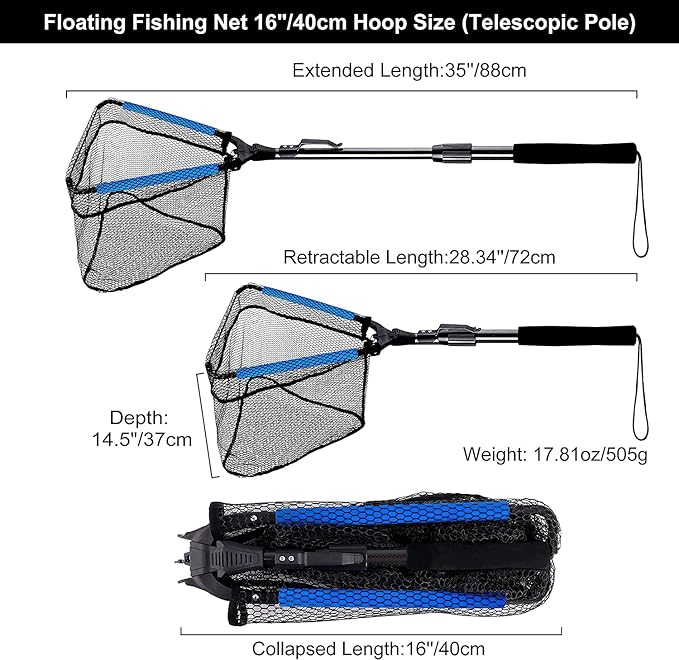PLUSINNO Fishing Net Fish Landing Net, Foldable Collapsible Telescopic Pole Handle, Durable Nylon Material Mesh, Safe Fish Catching or Releasing