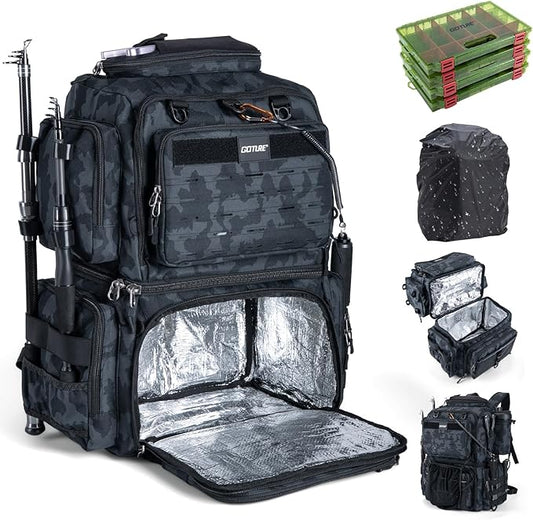 Goture Fishing Backpack with 4 Tackle Boxes, 78L 600D Water-Resistant Tackle Backpack with Cooler,Rod Holders, 8 Lure Pockets, Rain Cover, Large Fishing Bag Storage Gear Tackle Bag for Camping Hiking