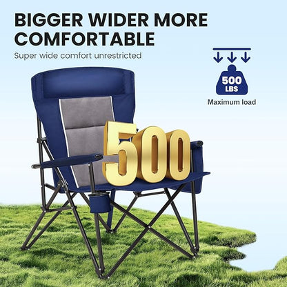 HIGH POINT SPORTS Oversized Camping Chairs for Adults, High Back Heavy Duty Lawn Folding Chair Support 500LBS, Padded Portable Outdoor Chair with Cup Holder, Blue