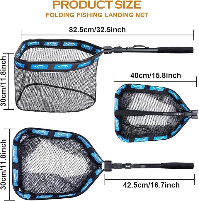 PLUSINNO Floating Fishing Net for Steelhead, Salmon, Fly, Kayak, Catfish, Bass, Trout Fishing, Rubber Coated Landing Net for Easy Catch & Release, Compact & Foldable for Easy Transportation & Storage