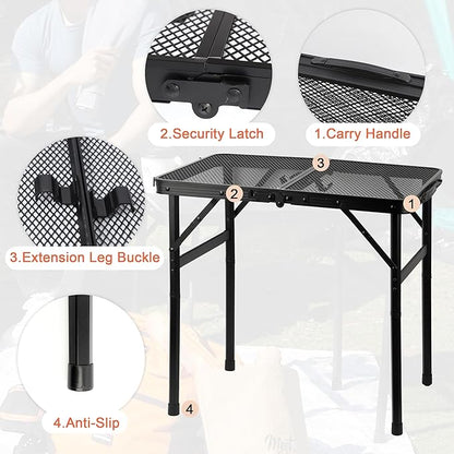 Camping Table with Mesh Desktop, Lightweight & Portable Small Folding Grill Table, Height Adjustable Metal Outdoor Table for Camp, Cooking, BBQ, RV, Picnic-2 FT Black