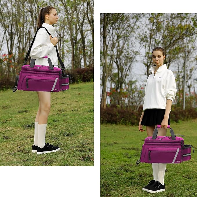 MOSISO Bike Rack Bag with Rain Cover, Bike Trunk Cooler Handag Insulated Bicycle Rear Seat Pouch with 2 Side Foldable Panniers, 8L Cycling Backseat Storage Cargo Saddle Shoulder Bag, Rose Red