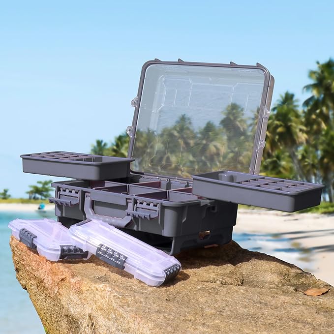 RUNCL Universal Fishing Tackle Box with Two Small Tackle Tray, Removal Inside Design Waterproof Trunk Storage Box, Thicker Floating Airtight Stowaway, Xmas Surprise Fishing Gifts for Men Women