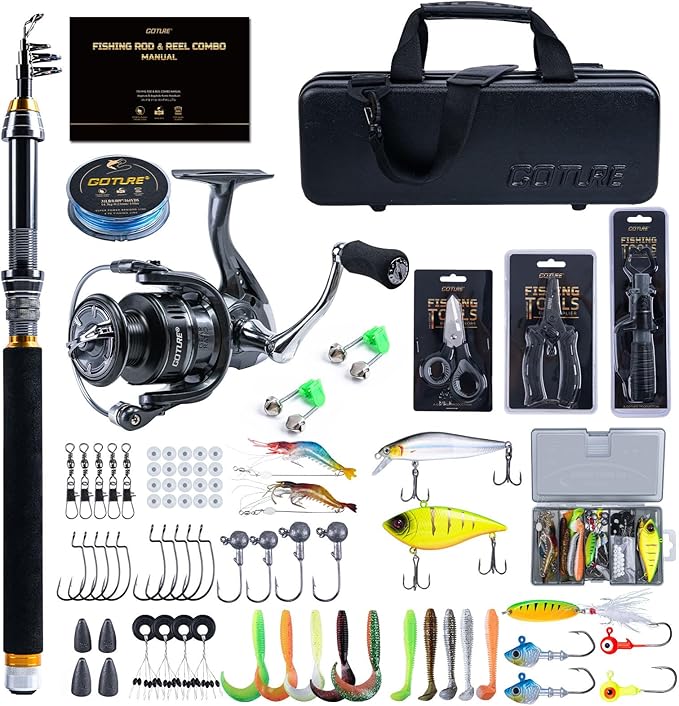 Goture Fishing Rod and Reel Combos-Telescopic Fishing Pole Spinning Reel Lures Set with PC Hard Shell Suitcase, Telescopic Rod Reel Combo Kit for Starter Travel Saltwater, Gifts for Men