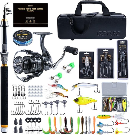 Goture Fishing Rod and Reel Combos-Telescopic Fishing Pole Spinning Reel Lures Set with PC Hard Shell Suitcase, Telescopic Rod Reel Combo Kit for Starter Travel Saltwater, Gifts for Men