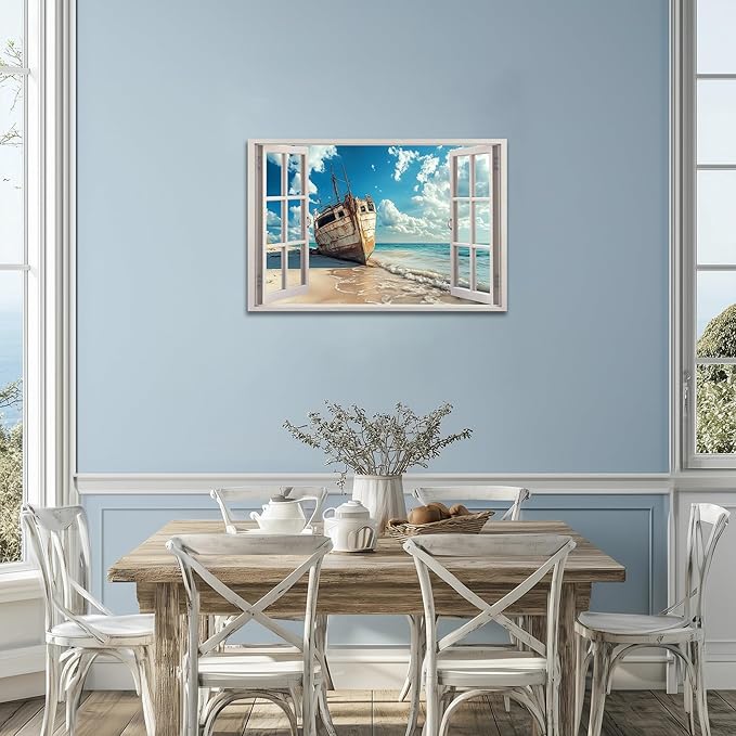 ANRUOXI Beach Pictures Wall Art Decor for Living Room, Blue Ocean Painting Decor for Bedroom, White Window Frame Style Broken Ship Canvas Wall Decor, Coastal Landscape Artwork for Offices 24x36 Inch