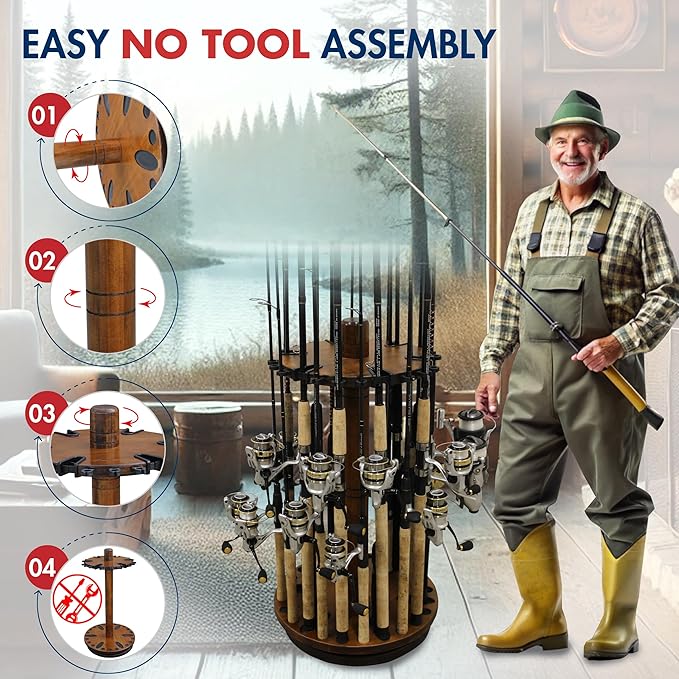 Rush Creek Creations Fishing Rod Holder - 360 Spinning Rack for Garage Organization and Storage, Pole Holder for Reels, Gear, Accessories, Tackle Box