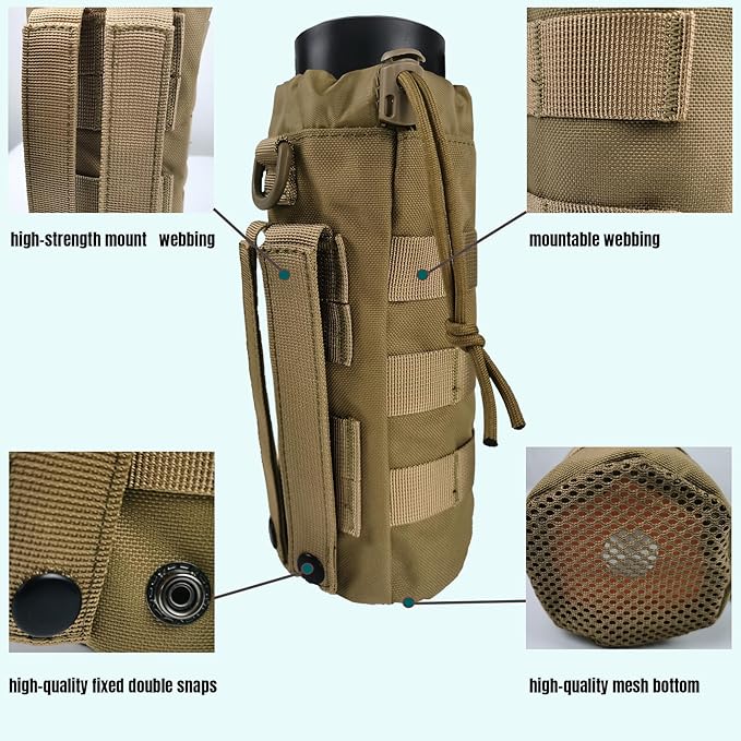 Tactical MOLLE Water Bottle Holder, Upgraded Water Bottle Pouch with Drawstring Open Top & Mesh Bottom, 16/24/25/32oz Water Bottle Carrier Bag with D-Ring Hook for Backpack