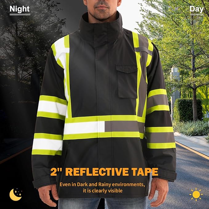 Reflective Rain jackets for men waterproof,Hi Vis Safety Coat With Reflective Strips，High Visibility Class 3 Rain jackets With 2 large pockets，Zipper,Black ，SM/MD