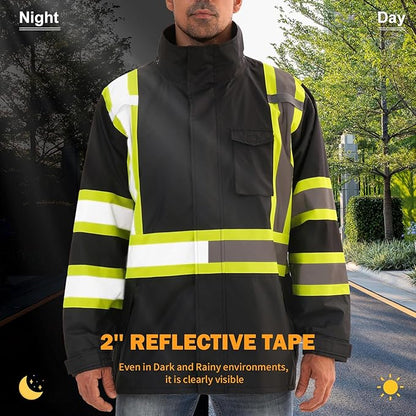 Reflective Rain jackets for men waterproof,Hi Vis Safety Coat With Reflective Strips，High Visibility Class 3 Rain jackets With 2 large pockets，Zipper,Black ，SM/MD