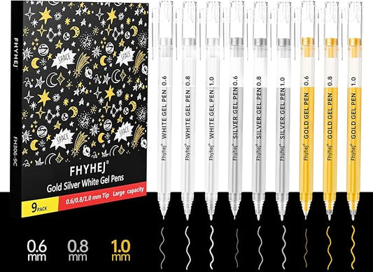 Gold Silver White Gel Pen 9-Pack, 0.6/0.8/1.0mm Extra Fine Tip Opaque Archival Ink Pens for Black Paper Art Sketching, Watercolor & Holiday Gifts