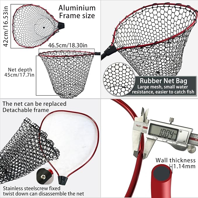 Telescoping Metal Lock Fishing Net with Handle Red Green 64" 52" 3-Section Rubber Fish Net - Adjustable Length Lightweight Foldable Large Big Collapsible Extendable Fishing Net