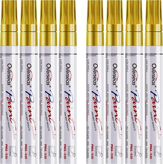 Overseas Paint Pens Paint Markers - Gold Permanent Markers 8 Pack, Oil Based Waterproof Quick Dry Medium Tip Marker Pen for Metal, Wood, Fabric, Plastic, Rock, Stone, Mugs, Canvas, Glass, Art Craft