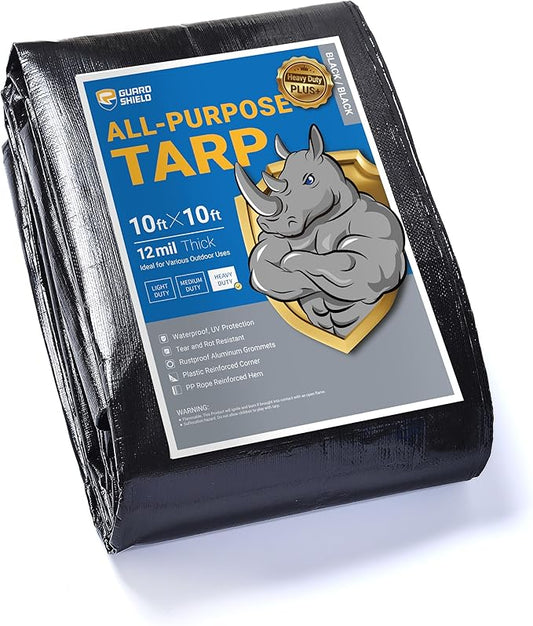 GUARD SHIELD Heavy Duty Tarp 10x10 Feet Black Tarp Large Outdoor Tarps Waterproof with Grommets Cover 12mil