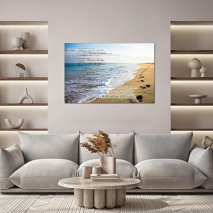 Footprints in the Sand Canvas Prints Wall Art, Footprints in the Sand Wall Art Decor, Inspirational Christian Poem Wall Poster Gift, Beach Picture Wall Art for Living Room Beach Office 32"Hx48"WInches