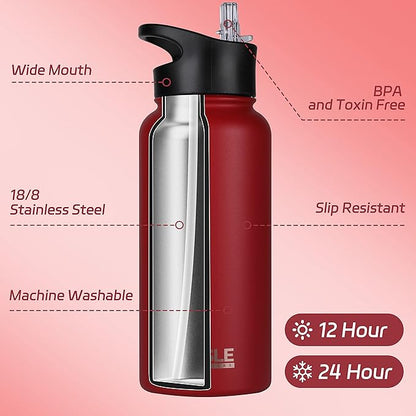 HASLE OUTFITTERS 32 oz Insulated Water Bottle Stainless Steel Double Walled Vacuum Sports Water Bottle with 2 Lids (Straw and Spout Lid) for Gym Camping Hiking(Red,8)