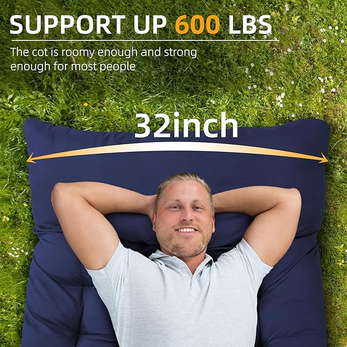 HABUTWAY Camping Cot with Mattress, 32" Extra Wide Camping Cots for Adults, Sleeping Cot for Adults Holds Up to 600LBS, Cots for Sleeping, Camp, Rv, Beach, Patio, Office Naps(Blue)