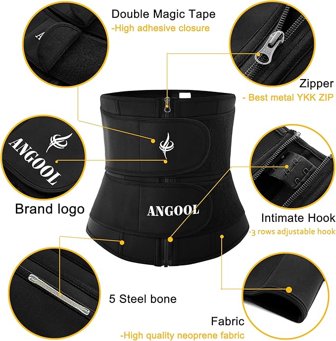 ANGOOL Neopren Waist Trainer for Women,Workout Plus Size Trimmer Belt Sauna Sweat Corset Cincher with Zipper
