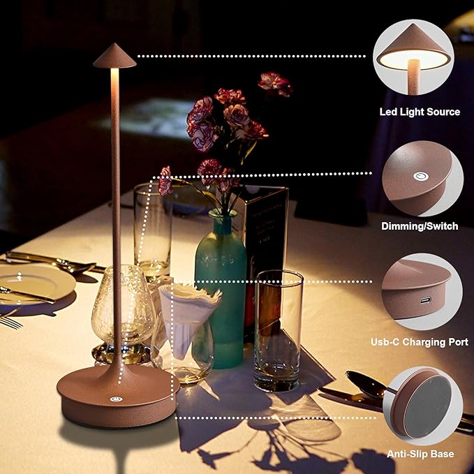 Cordless Table Lamps Rechargeable, LED Desk Lamp 4000mAh Battery Operated Outdoor Waterproof Portable Touch Dimmable Table Light for Patio/Restaurant/Bar/Indoor (Brown-2PC)