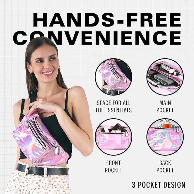 Holographic Fanny Pack Belt bag - Crossbody Waist Bag for Men or Women - Hands-Free, Waterproof Large Bumbag for Hiking, Running, and Travel (Pale Pink)