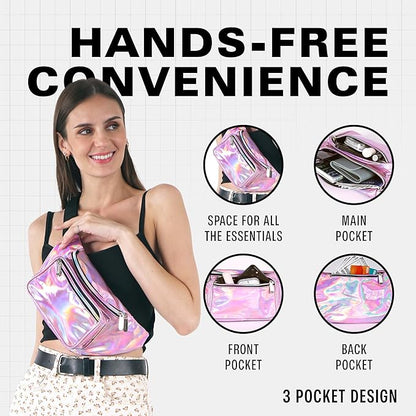 Holographic Fanny Pack Belt bag - Crossbody Waist Bag for Men or Women - Hands-Free, Waterproof Large Bumbag for Hiking, Running, and Travel (Pale Pink)