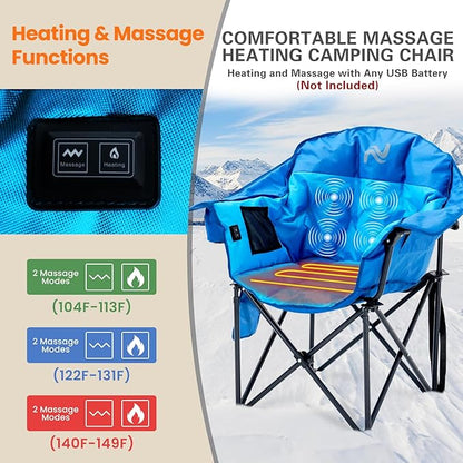 NAIZEA Heated Massage Camping Chairs,Heated Outdoor Chair w/3 Heating Mode, Oversized Heated Chair for Adults, Heavy Duty Folding Camping Chairs for Camp,Fishing, Sports Events,NOT Included Battery