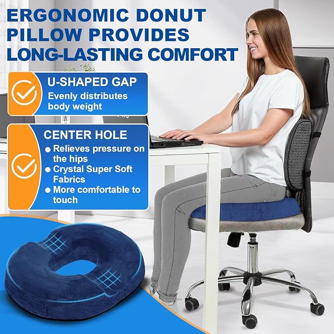 Donut Cushion Memory Foam Hemorrhoids Cushion for Postpartum & Coccyx & Tailbone Pain Pressure Relief for Office Chair, Wheelchair, Office, Car Seat (Blue)