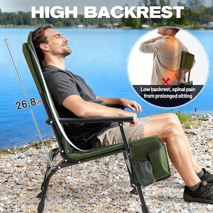 X Strike Oversized Folding Fishing Chair with Rod Holder Heavy Duty 350LBS, Feet Adjustable Padded Camping Chair with Cup Holder Side Pocket Hard Armrest