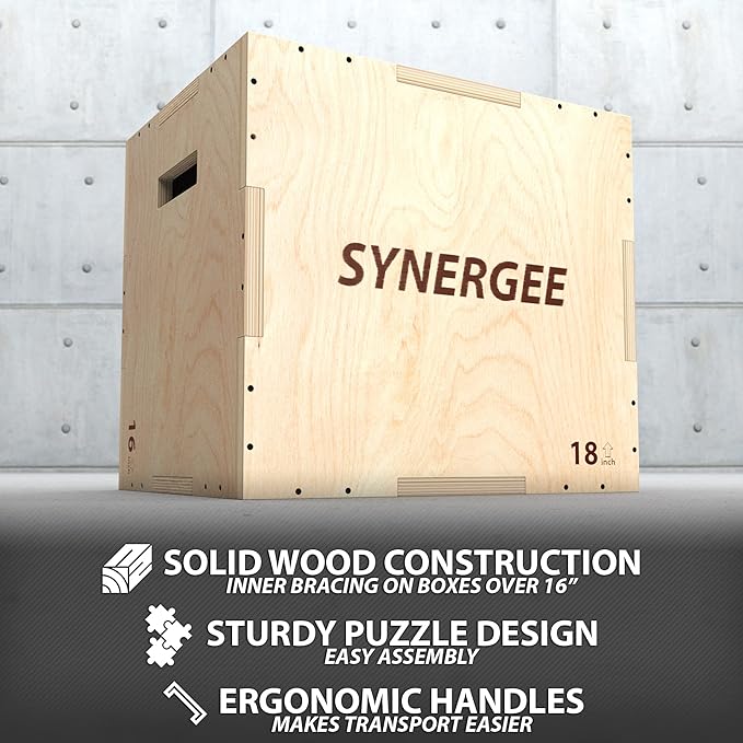 Synergee 3 in 1 Wood Plyometric Box for Jump Training and Conditioning. All in One Jump Trainer. Sizes 30/24/20, 24/20/16, 20/18/16, 16/14/12