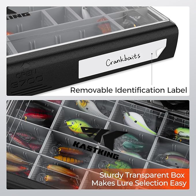 KastKing HyperSeal Waterproof Tackle Box, 3600 and 3700 Tackle Trays, Fishing Tackle Box Organizer with Removable Dividers, Lure Box and Terminal Tackle Storage,Black
