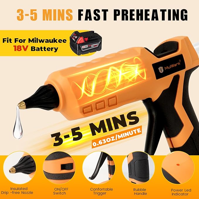 Mulwark Cordless Hot Glue Gun 100W for Milwaukee 18V Battery Handheld Wireless Power Glue Gun Full Size with 30pcs Glue Sticks for Wood, Glass, Home Repair, Arts & Crafts & DIY (battery not included)
