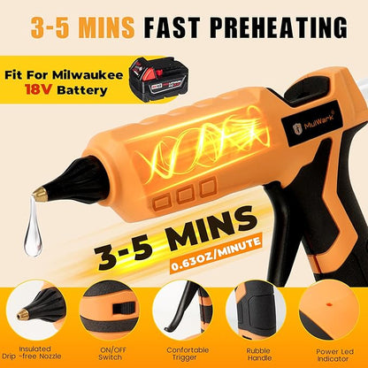 Mulwark Cordless Hot Glue Gun 100W for Milwaukee 18V Battery Handheld Wireless Power Glue Gun Full Size with 30pcs Glue Sticks for Wood, Glass, Home Repair, Arts & Crafts & DIY (battery not included)