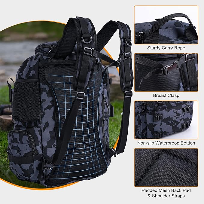 Goture 40L Fishing Tackle Backpack with Cooler and Removable Bait Binder, 900D Water-Resistant Tackle Backpack with 2 Rod Holders, Fishing Bag Storage Gear Tackle Bag with Rain Cover Camouflage