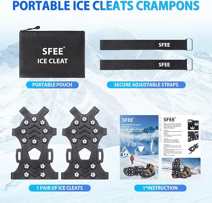 Sfee Crampons for Winter Boots, Upgraded Ice Cleats Stainless Steel Women Men Anti Slip Ice Traction Cleats Grips with Straps, Perfect for Hiking, Walking, Climbing, Ice Fishing