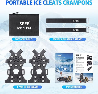Sfee Crampons for Winter Boots, Upgraded Ice Cleats Stainless Steel Women Men Anti Slip Ice Traction Cleats Grips with Straps, Perfect for Hiking, Walking, Climbing, Ice Fishing