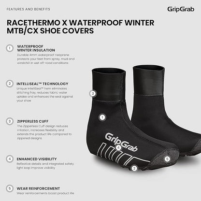 GripGrab RaceThermo X Waterproof Winter Gravel MTB Cycling Shoe Covers Cold Weather Neoprene Offroad Biking Overshoes