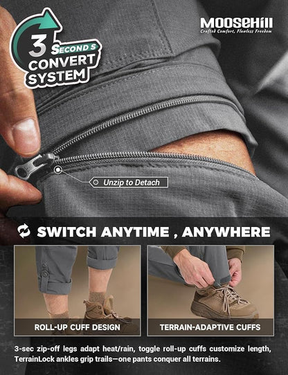 Moosehill Men's-Hiking-Pants Convertible Quick-Dry Water-Resistant Lightweight Zip-Off Outdoor with 5 Deep Pockets