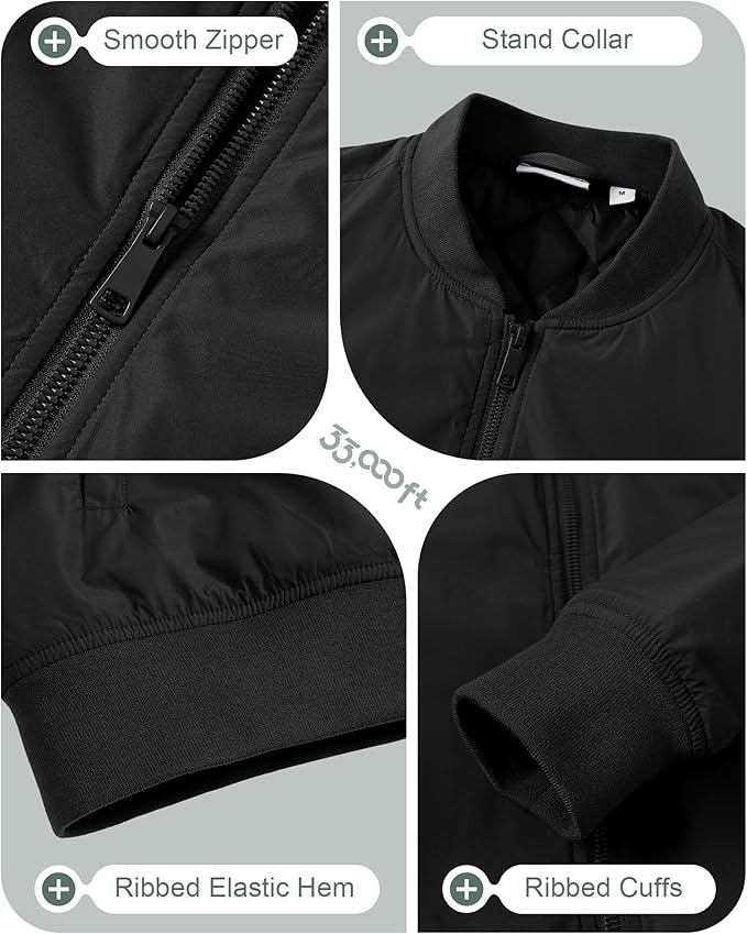 33,000ft Men's Bomber Jacket Waterproof Zip Up Windbreaker Quilted Padded Lightweight Warm Casual Spring Fall Winter Coat