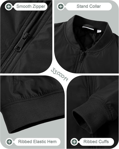 33,000ft Men's Bomber Jacket Waterproof Zip Up Windbreaker Quilted Padded Lightweight Warm Casual Spring Fall Winter Coat