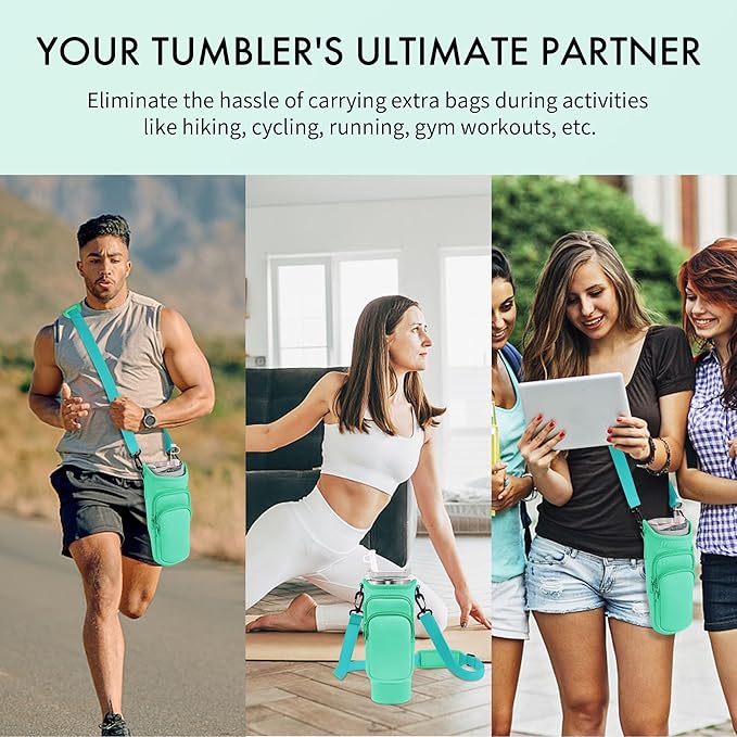 Water Bottle Carrier Bag with Phone Pocket for Stanley Cup 40/30 oz, Water Bottle Holder with Adjustable Strap& Straw Cover, Stanley Cup Accessories