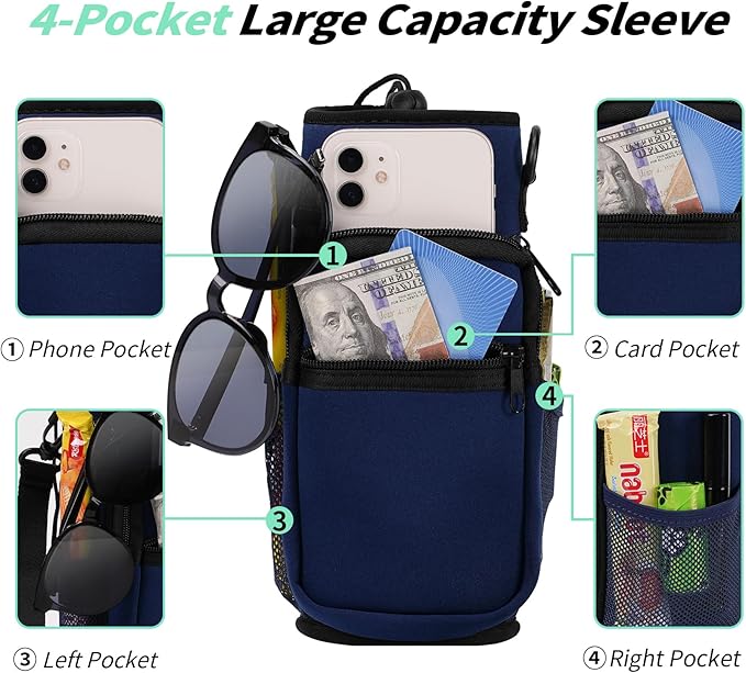 32/40/64/87/128 oz Water Bottle Carrier Bag, Neoprene Water Bottle Sleeve with 4 Pocket, Sport Water Holder with Paracord Handle and Shoulder Strap for Walking Hiking Camping Gym
