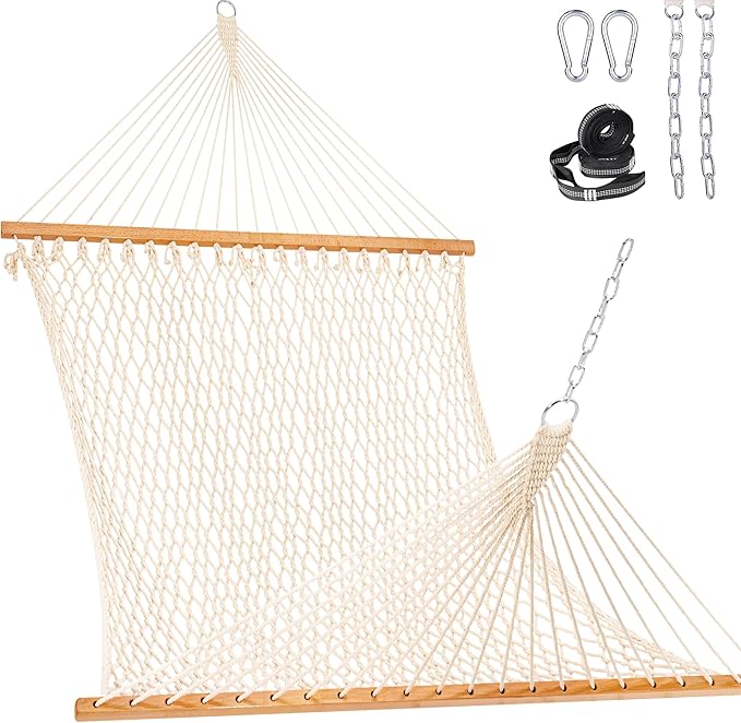 Lazy Daze Hammocks Double Rope Hammock, 2 Person Traditional Outdoor Hand Woven Cotton Rope Hammock with Spreader Bar, Chains, Tree Straps for Patio Yard - Max 450 Lbs, Natural