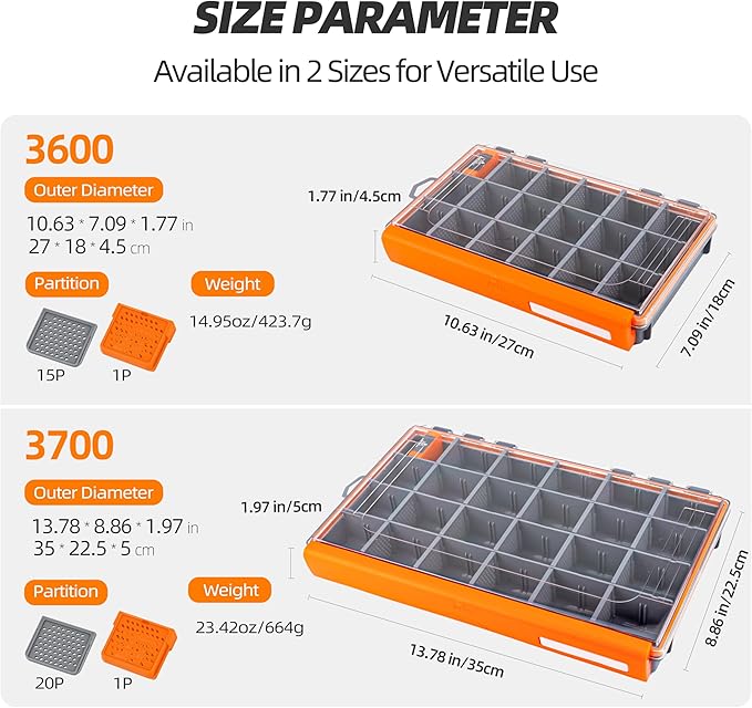 RUNCL Fishing Tackle Box - 360° Waterproof Tackle Trays, 3600 Fishing Tackle Box Organizer with Adjustable Dividers for Jigs Lures, Orange, 1 Pack
