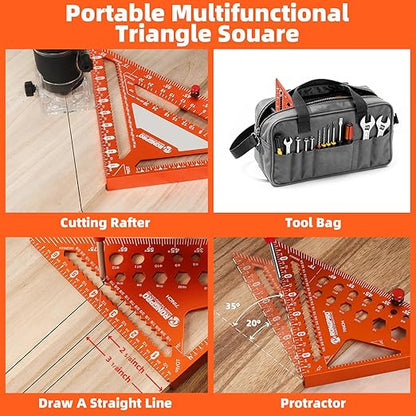 2pcs Rafter Square, 12-inch & 7-inch Carpenter Sqaure Set with Woodworking Pencil, Carpenter Measuring Layout Tool, Aluminum Alloy Triangle Ruler for Woodworking- Imperial
