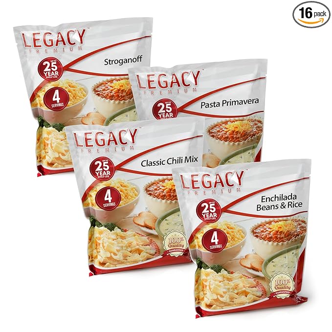 Legacy Food Storage 3 Day Kit, Emergency Food Supply, 4 Entrees, 6,000 Total Calories, 6 Lbs, 16 Large Servings, Shelf Stable, Freeze Dried Survival Meals for MRE Camping, Hiking, & More