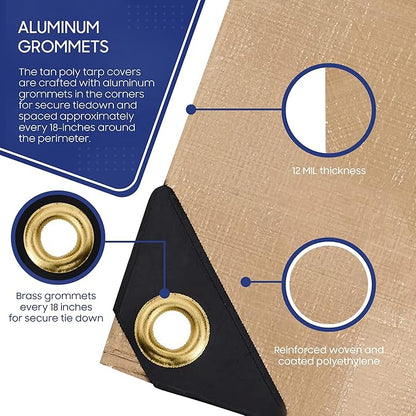 Tarps Now 10x16 Feet Poly Tarp |12 MIL Heavy Duty Waterproof Cover |Rip and Tear Proof Plastic Tarp with Rustproof Aluminum Grommets & Reinforced Edges |Ideal for Roof Repairs, Landscaping-Tan