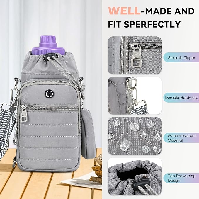 Water Bottle Carrier Bag with Strap, Sling Bag for Walking, Hiking, Cycling, Black, 40 Ounces