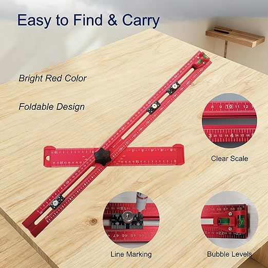 5-in-1 T Square Ruler 24 Inch, Multifunctional Drilling Positioning Ruler for Precision Hole Punching, Cabinet Hardware Jig, Adjustable Angle Ruler for Angle Measurement, Metric & Imperial